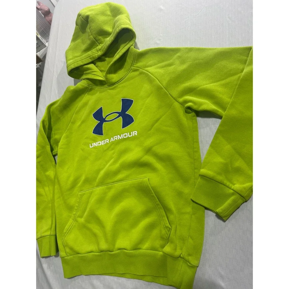Under Armour Lime Green Pullover Hoodie‎ Blue Logo Raglan Graphic Sweatshirt